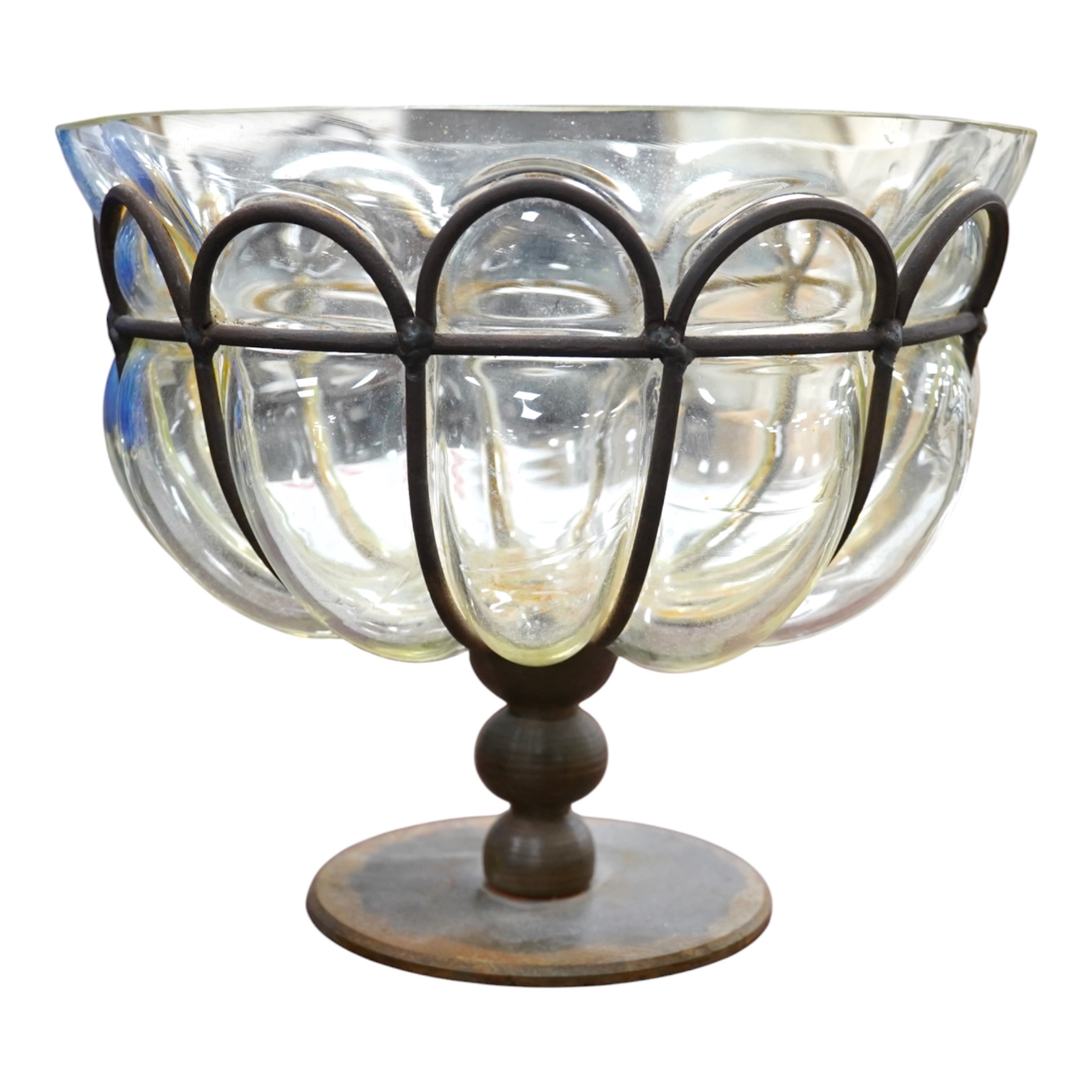 A wrought iron and clear glass pedestal bowl, 26.5cm tall. Condition - would benefit from a clean, otherwise good